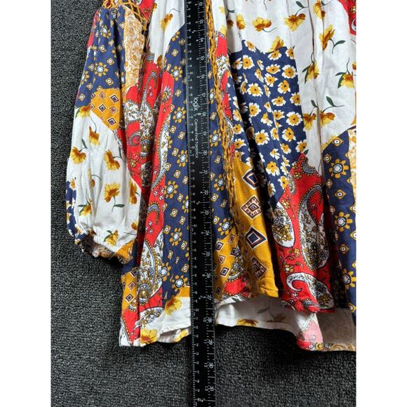 Oddy Peasant Geometric patchwork Floral Tunic Top Womens Sz L Multicolor V-Neck - Picture 6 of 7